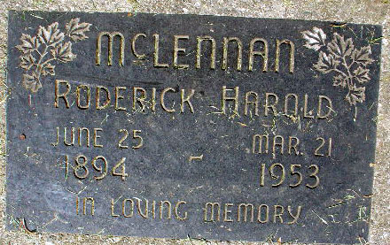 Photo of headstones/Roderick Harold McLennan 1894-1953 hdstn Hazelmere cem BC